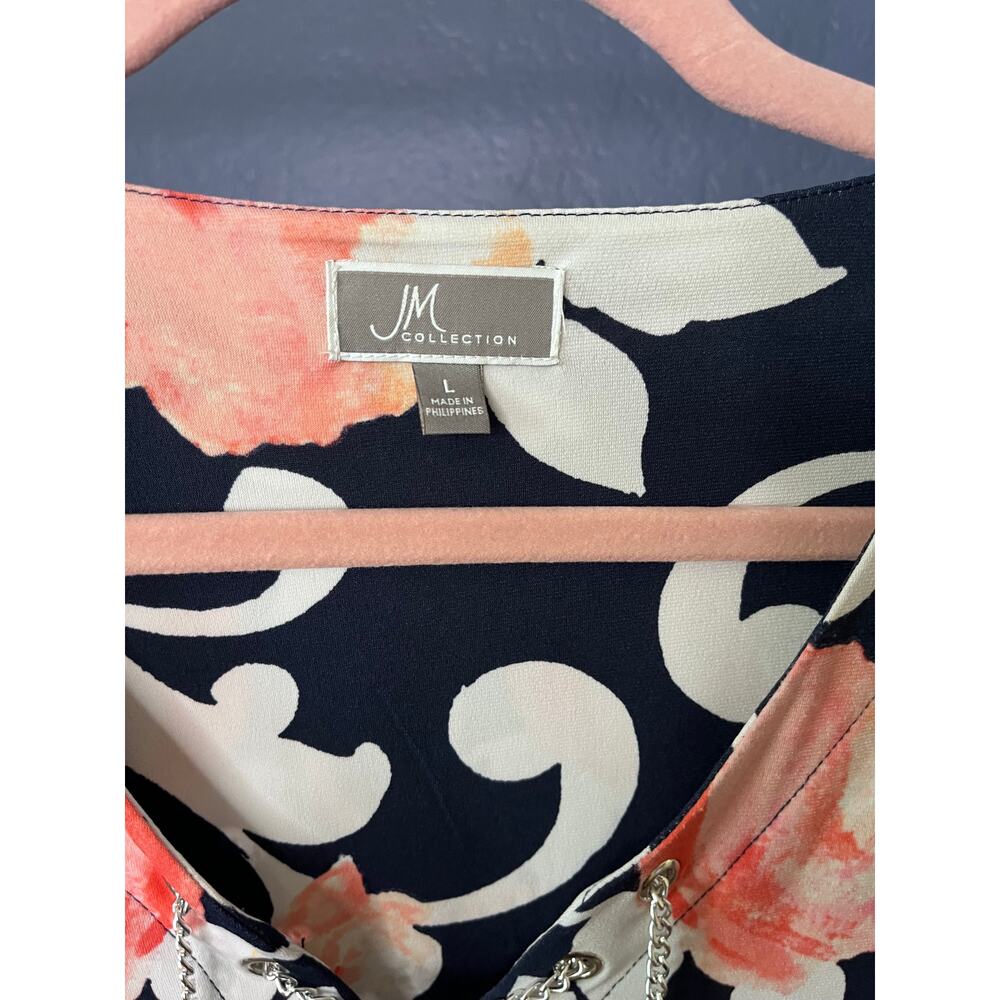 JM Collection Navy Floral Scroll Print Top Lace-Up Chain Detail 3/4 Sleeve Large - Picture 5 of 6